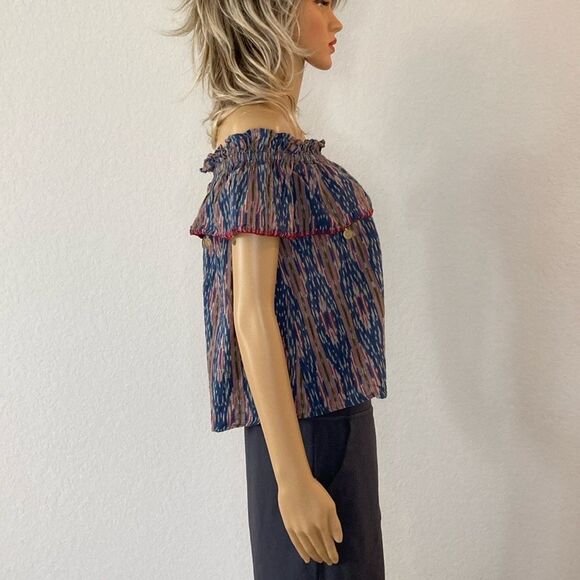 THML XS Ikat Off Shoulder Flutter Sleeve Coin Tassel Boho Cropped Top - Picture 8 of 12